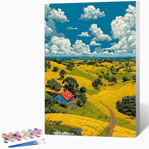 数字油絵 田舎 ペイントバイナンバー 風景, ナンバーペイント大人のDIYセット(ブラシとアクリル絵の具を含む)、クリエイティブな手作りの油絵セット、女性へのデジタル絵画ギフト、壁の装飾 30×40cm -WX2510844