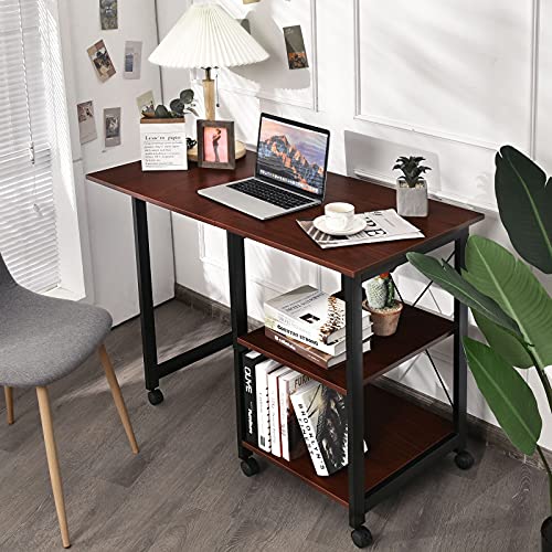 Tangkula Mobile Folding Computer Desk, Modern Writing Desk W/ 2-Tier Storage Shelves, Pc Laptop Study Desk Workstation W/ 6 Wheels, Space Saving Compact Home Office Desk For Small Apartment (Brown) #TOP1