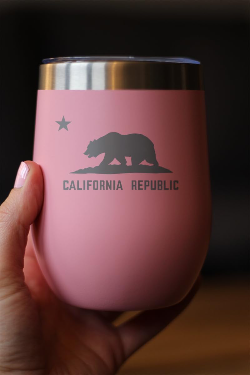 Bevvee Flag of California - Wine Tumbler Glass with Sliding Lid - Stainless Steel Insulated Travel Mug - California Gifts for Women and Men Californians - Pink