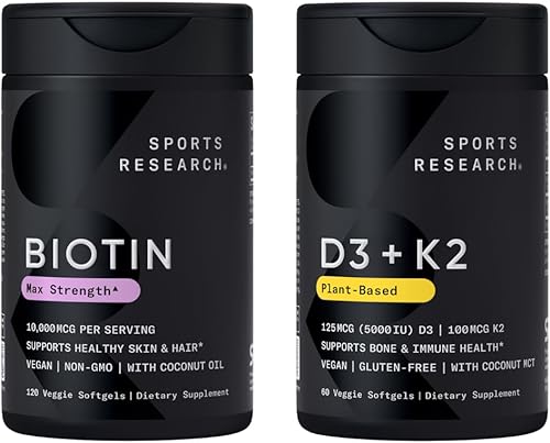 Sports Research® Body Wellness Pack - Vegan Vitamin D3 5000iu + K2 100mcg Mk7 with Coconut Oil (60 Softgels) and 10,000mcg Biotin (Vitamin B7) for Healthy Skin and Hair Support (120 Softgels)