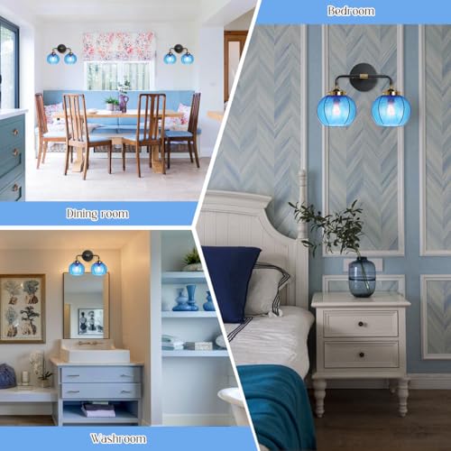 Image of Bathroom Light fixtures Over Mirror Mid Century Vanity Light with Blue Ribbed Glass Shade Globe Wall Sconce 2-Lights Modern Vanity Lights for Dining Room Bedroom Hallway Overhead