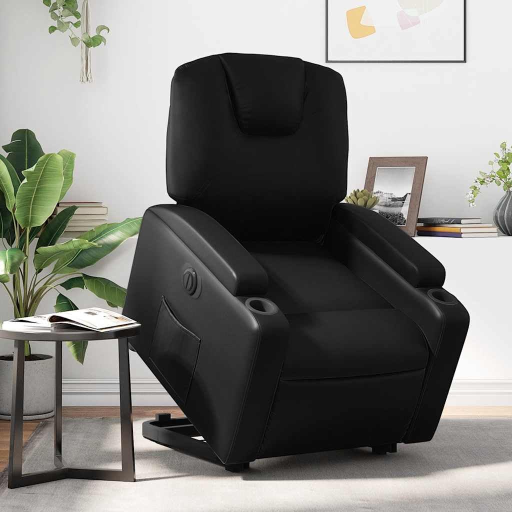Relaxsessel mit Aufstehhilfe Schwarz Elektrisch 74 x 88 x 97 cm Kunstleder leise Motor 135° Liegefunktion Getränkehalter für Wohnzimmer Schlafzimmer Seniorengerecht