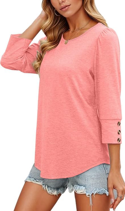 Womens 3/4 Sleeve Tops Dressy Casual Shirt with Buttons Spring Fashion Business Work Tshirts Beach Vacation Outfits - Image 4