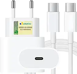 Carregador Turbo Tipo C 20W Compatível com iPhone 15, 15 pro, 15 Pro Max, iPhone 16, 16 pro, 16 pro Max, Samsung Galaxy, IOS/Android Turbo + Cabo USB-C Ultra Rápido de 1M Premium