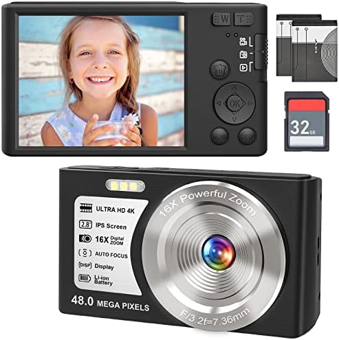 4K Digital Camera - 48MP Portable Camera with 32GB SD Card， Mini Digital VideoCamera 16X Digital Zoom Autofocus, Point and Shoot Camera for Students, Teens, Kids