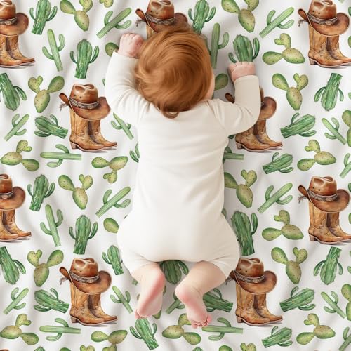 Image of Western Baby Blanket with Cactus, Cowboy Minky Blankets for Boys Girls, Double Layer Dotted Backing, Nursery Room Decor, Soft Warm Lightweight Nursery Bed Blanket for Newborn Toddlers Son Daughter