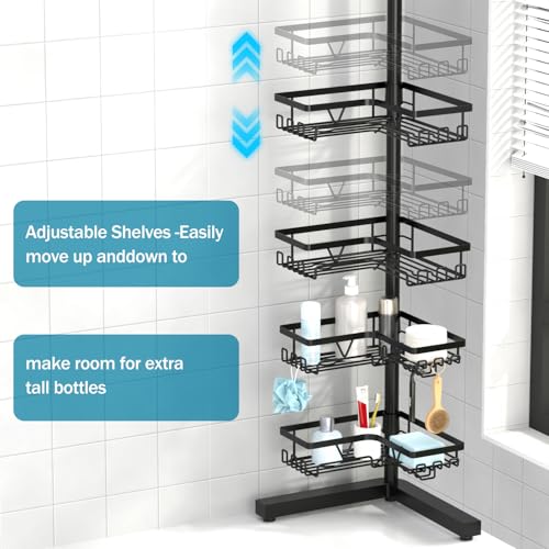 Image of KEGII Floor Shower Caddy Standing - 4-Tier Corner Shower Organizer with Hooks & Soap Holder, Free-Standing Bathroom Storage Rack for Shampoo & Toiletries, Black