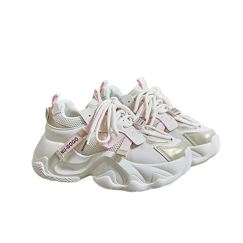 JXpxbao Chunky Turnschuhe für Damen, Damen Chunky Farbblock Netz Sneaker, Schnürung Weiche Sohle Plateau Freizeitschuhe modische Plateau-Lässige Schuhe, Bequeme Keilabsatz Sneaker (Weiß,39)