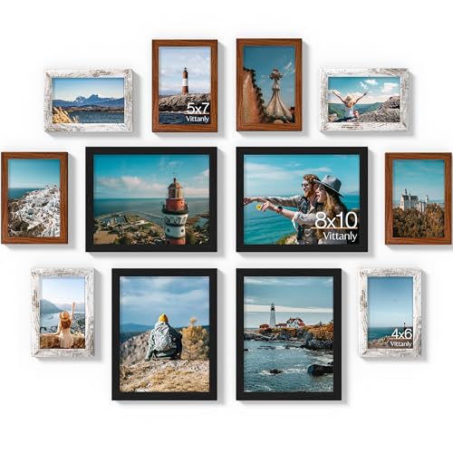 Image of Vittanly 12 Pack Picture Frames Collage Wall Decor for Mounting or Tabletop, Gallery Wall Frame Set for Family, Multi Sizes Including 8x10, 5x7, 4x6, Black & Walnut Brown & Distressed White