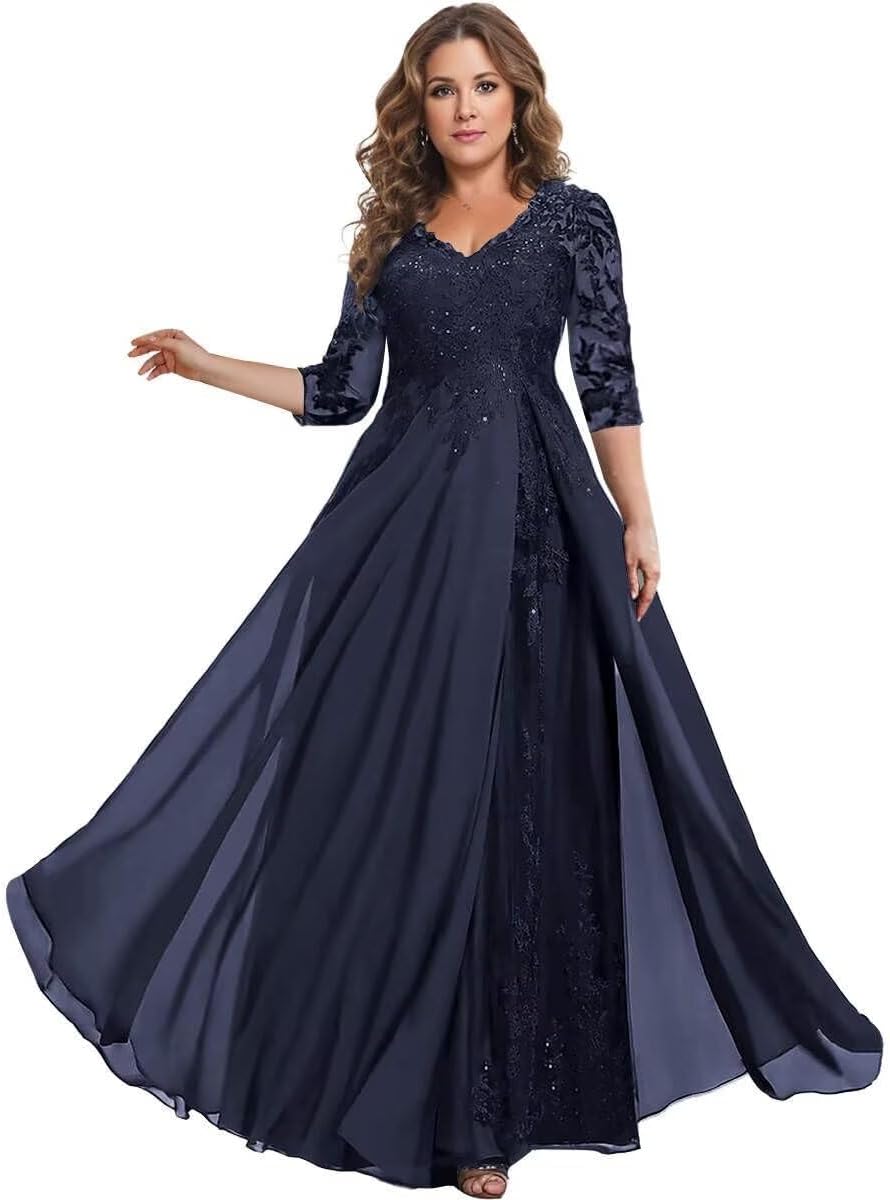 Women's Chiffon V Neck Mother of The Bride Dresses for Wedding Long Lace Applique Formal Evening Gowns with 3/4 Sleeve PG047