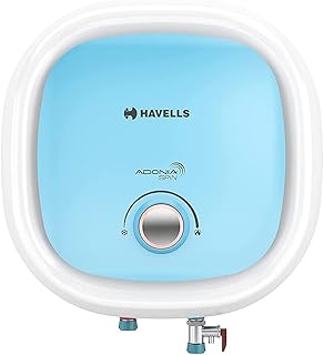Havells Adonia Spin 15 Litre Storage Wall Mount Water Heater Temp Sensing Led Knob,Feroglass Coated Tank Warranty: 7 Year On Tank,With Shock Safe Inline Elcb,Free Flexi Pipe&Installation (White Blue)