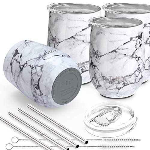 Thily Stainless Steel Stemless Wine Tumbler 4 Pack Vacuum Insulated Travel Wine Glasses Set With Sliding Lids And Straws, Keep Cold For Juice, Cocktails, Beer, Party, Christmas Gift, White Marble #TOP3
