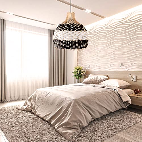 Littleglovo Rattan Pendant Light, Wood Pendant Light Fixtures, Antique Weaving Black White Bamboo Lamp Shade, Ceiling Hanging Light for Dining Room Living Room (Bulb Not Include) - 15.7" x 15.7" - Image 7