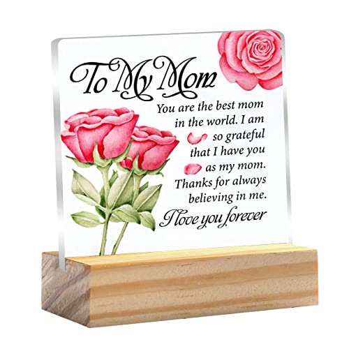 Mother Gift To My Mom I Love You Forever Quote Clear Desk Decorative Sign Keepsake Present Rose Floral Mom Acrylic Sign With Wooden Stand Desk Decor For Home Office #TOP8