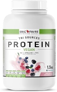 PROTEÍNAS VEGANAS TRI-SOURCE - Proteínas Vegetales Sabrosas, Desarrollo Muscular - Arroz Espirulina Guisantes - Rápidamente asimilable - 1,5kg - Laboratorio francés, Eric Favre (Triple Berry)