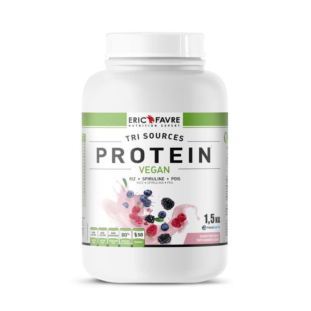 PROTEINES VEGAN TRI-SOURCE - Protéines Végétales Vegan Savoureuses Pour le Développement Musculaire - Riz Spiruline Pois - Assimilable Rapidement - 1,5kg - Saveur Triple Berry - Eric Favre