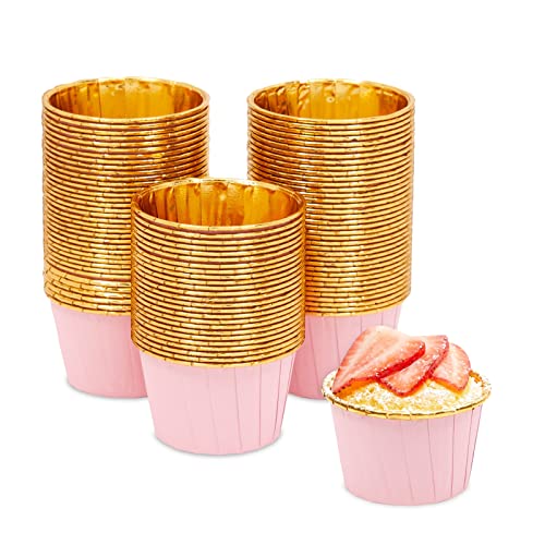 100 Pack Gold Aluminum Foil Cupcake Liners, 2.75x1.5-Inch Pink Colored Baking Cups for Muffins and Baked Desserts, Small Goodie Containers for Loose Nuts and Candies