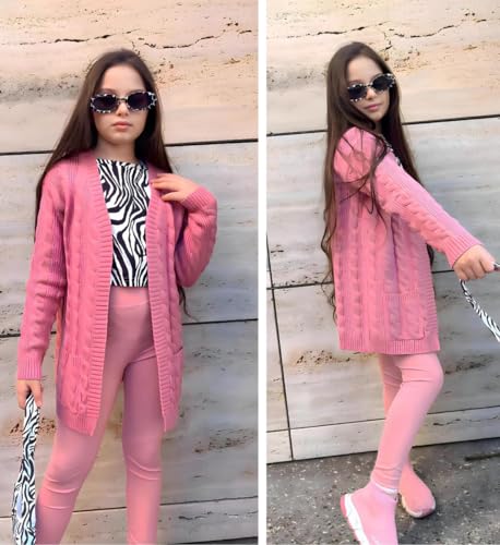 Image of Arshiner Girls Open Front Cardigan Long Sleeve Casual Kids Fall Clothes Solid Thick Chunky Sweater Coat with Pockets