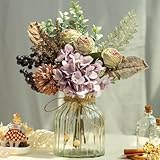 JARELING Artificial Flowers in Vase, Silk Hydrangea Rose with Glass Vase Fake Fall Flowers Arrangement Eucalyptus for Farmhouse Vintage Home Office Decoration, Dining Table Centerpiece (Purple)