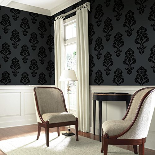 York Wallcoverings Tres Chic Graphic Damask Removable Wallpaper, Blacks #TOP4