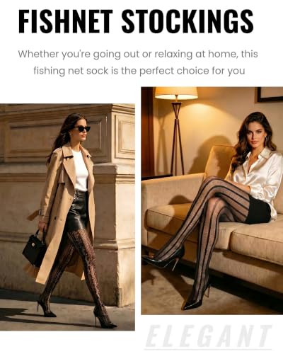 Image of Chalier Fishnet Stockings Lace Tights Thigh High Stockings for Women | Soft Elastic Blend, High Waisted, Suspender Pantyhose, Snug Body Hug, Classic Pattern, Skirt Shorts Match, Party Night Wear
