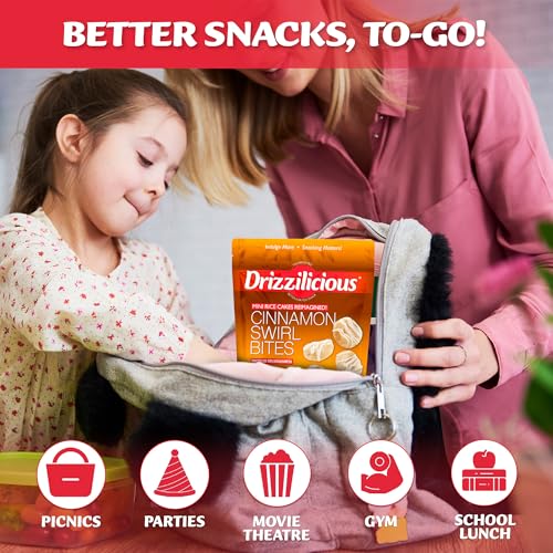 Drizzilicious Mini Flavored Rice Cakes Cinnamon Swirl - Rice Crisps, Healthy Snack for Adults and Kids, Vegan, Gluten Free Snack, Allergen Free, Only 90 Calories Per Bag - 0.74 oz (Pack of 20)