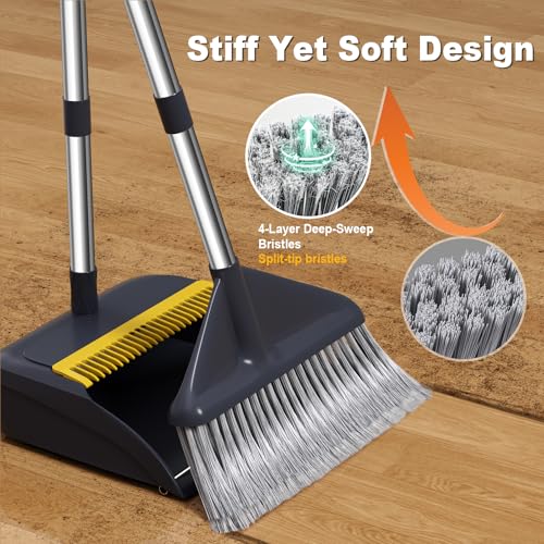 Image of Broom and Dustpan Set with 52 inch Long Handle | Stand Up Dustpan with No Warping Metal Edge, 4-Layer Flagged-Tip Bristles, Hair Cleaning Teeth for Home, Kitchen & Office