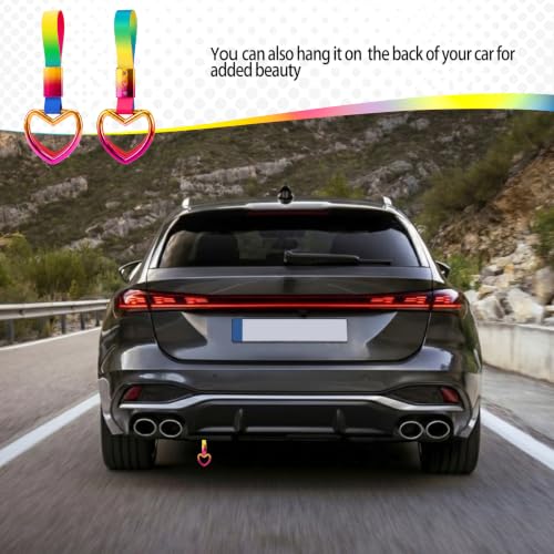 Image of 2PCS Heart Shaped Car Handle Straps, Rear Bumper Warning Keychain Ring for Car Exterior Accessories (Chrome Rainbow Heart - Rainbow)