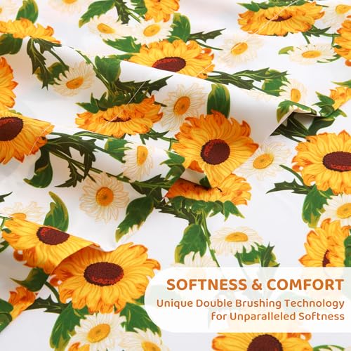 Image of Mooreeke Cozy Vintage Microfiber Printed Floral Full Sheet Set - Soft & Breathable Yellow Sunflower Bed Sheets with Extra Deep Pocket - Non-Slip Fitted Design - Sunflower Pattern - Full