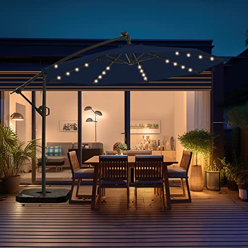 Wikiwiki 10Ft Solar Led Offset Hanging Market Patio Umbrella For Backyard, Poolside, Lawn And Garden,Easy Tilt Adjustment, Polyester Shade & Cross Base (Navy Blue) #TOP7