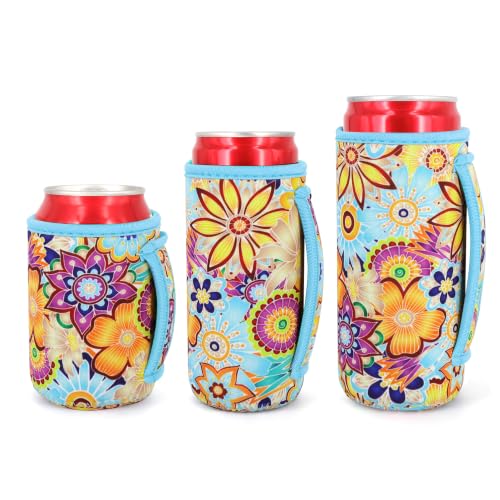 AJLTPA 3 Pack Reusable Can Sleeve with Handle, Bright Floral