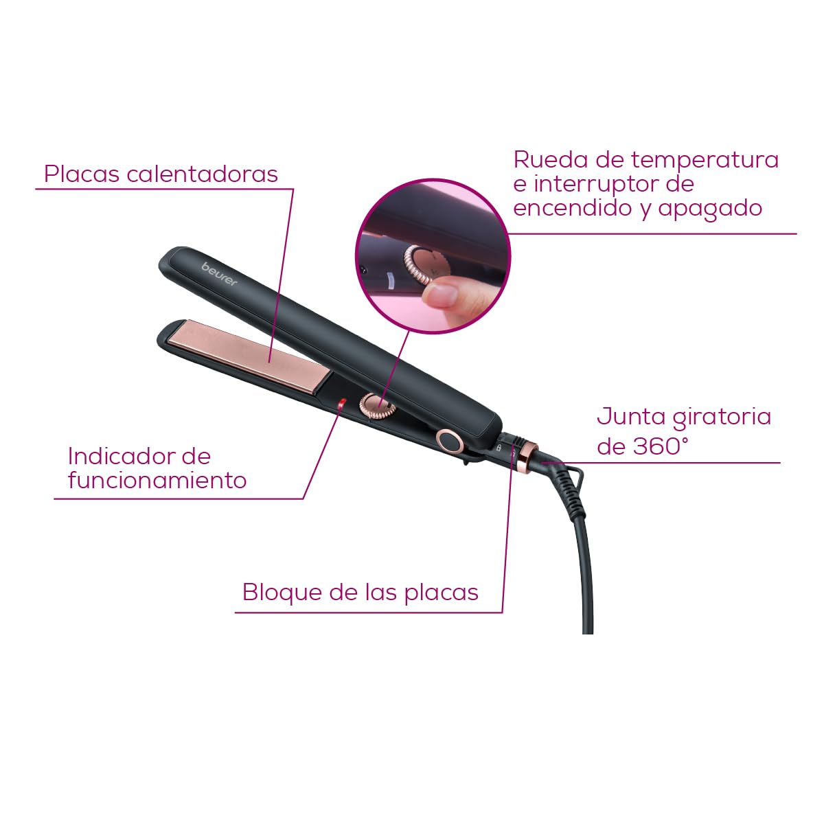 Beurer HS 30 - Plancha de cabello, color negro y cromado