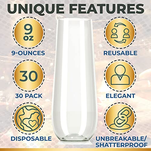 30 Plastic Stemless Champagne Flutes - Disposable Unbreakable Toasting Glasses, 30 Pack | Clear Fancy Shatterproof & Reusable 9 Oz Champagne Glass, Bpa Free - Ideal For Weddings, Birthdays, Parties #TOP3