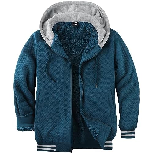 ZITY Men's Zip Up Hoodie Sherpa Lined Heavyweight Jacket Waffle Knit Fleece Thick Winter Warm Sweatshirt Dark Teal Blue Medium