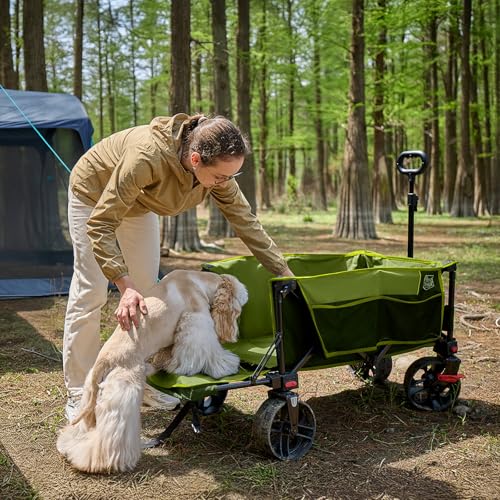 Image of Timber Ridge 47 inch L Collapsible Wagon with Tailgate & Brake, 300 lbs Heavy Duty Beach Wagon with All-Terrain Big Wheels, 250L Foldable Utility Cart for Sand Camping Sports Shopping, Green
