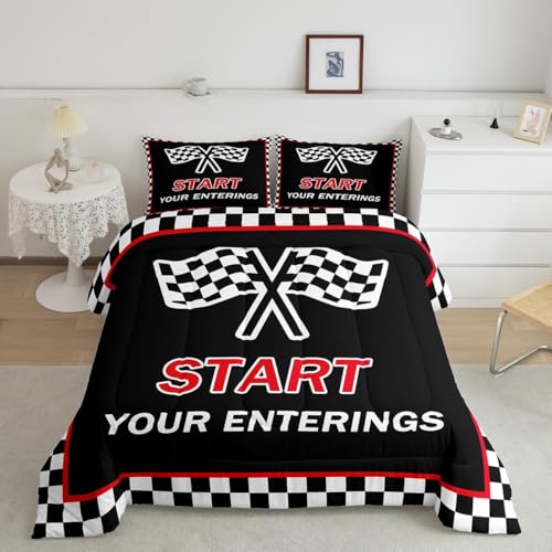 Image of Feelyou Kids Racing Car Duvet Insert Full Size, Checkered Flags Bedding Set Race Sports Flag Comforter Set Boys Girls Teens Bedroom Decor 3Pcs