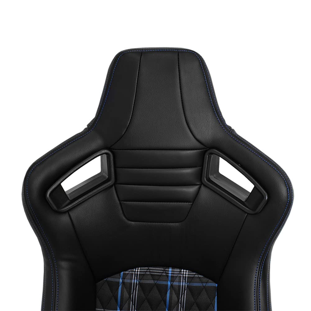 AutoStyle Siège baquet 'GT' - Simili Cuir Noir + Tissu en motif à carreaux Bleu + Surpiqûres Bleu - Dossier réglable - incl. glissières
