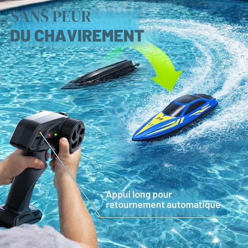 Bateau télécommandé RC bleu à LED avec télécommande 2.4GHz et deux batteries pour piscine