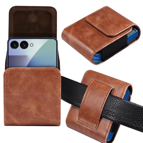 Pochette ceinture Samsung Z Flip 3 cuir marron avec clip métallique et rabat magnétique