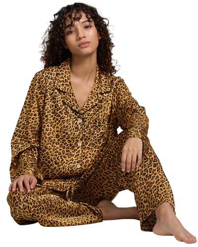 Image of YiNi LuLu Womens Silk Satin Pajamas Set Button Down 2 Piece Pjs Long Sleeve Oversized Sleepwear with Pockets
