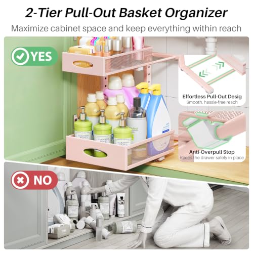 Image of Under Sink Organizer, 2-Pack Pull Out Cabinet Organizer 2 Tier Metal Slide Out Storage Shelf Rack, L-Shaped Adjustable Height,Mesh Sliding Drawer for Kitchen, Bathroom, Laundry, Pantry, Pink, XL