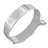 VNOX Medical Alert Id Bracelet for Men Women,Silver Custom Engraving Adjustable Stainless Steel Customizable Mesh Emergency Survival Medic Bracelets Wristband Loop Band with Replacement Tag