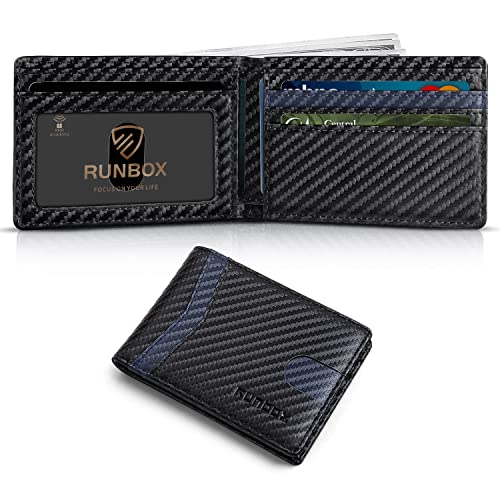 RUNBOX Slim Wallets for Men with RFID Blocking & Minimalist Mens Front Pocket Wallet Leather Black&Blue