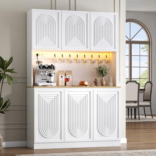 Image of 71 inch Black Kitchen Pantry with Power Outlet & LED Light, Large Kitchen Hutch Cabinet with Adjustable Shelf, Modern Buffet Cabinet with 6 Doors, Food Pantry Storage for Dining Room (White 6 Doors)