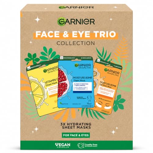 Image of Garnier Face Mask Set, 3 Hydrating Sheet Masks for Face & Eyes, SkinActive Moisture Bomb Skincare Multipack with Vitamin C, Hyaluronic Acid, Pomegranate & Orange Juice