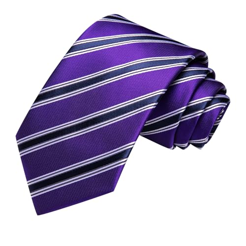 Image of Hi-Tie Navy Purple Ties for Men Striped Woven Neckties and Pocket Square Lapel Pin Silver Tie Clip Cufflinks Set Wedding Business 6PCS