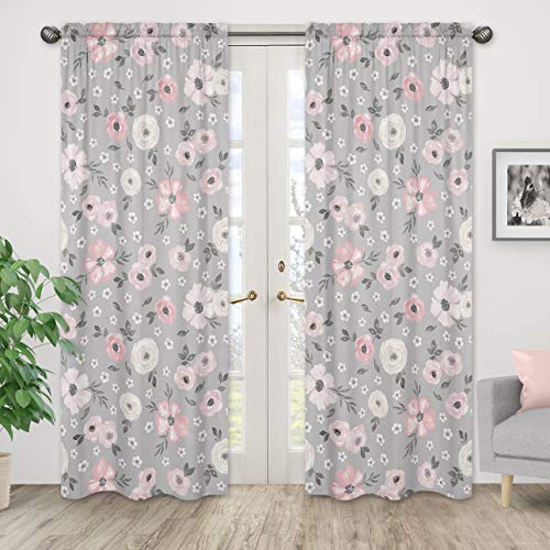 Sweet Jojo Designs Grey Watercolor Floral Window Treatment Panels Curtains - Set Of 2 - Blush Pink Gray And White Shabby Chic Rose Flower Farmhouse #TOP1