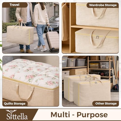 Image of SITTELLA 3 Pack Large Foldable Storage Bags 79 L | Fabric Storage Organizer Box with Zip | Blanket, Quilt & Household Item Storage | Space Saving Storage Container | Beige