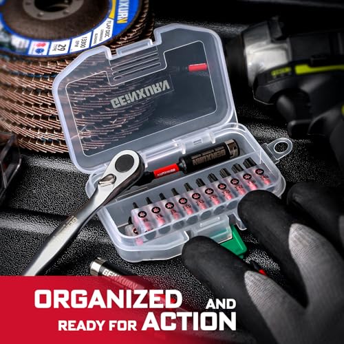 Image of Geinxurn 22pieces Ratchet & Bit Driver Set, Magnetic S2 Steel 1 inchInsert Bits Tips with Base,Impact Bit Holder and Mini Wrench with Storage Box