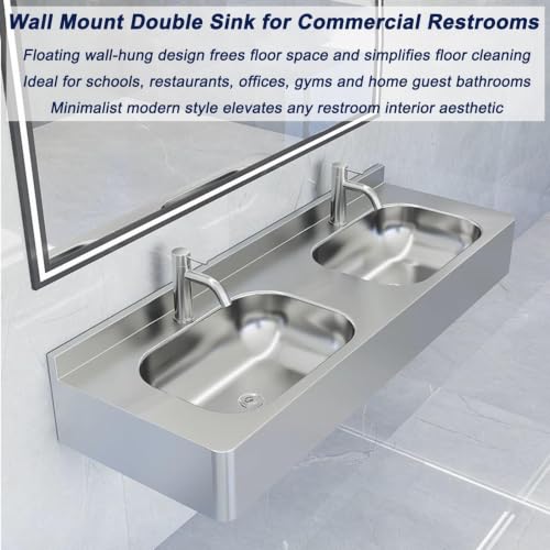 Lavabo comercial de doble cubeta con canal rectangular flotante para pared 7